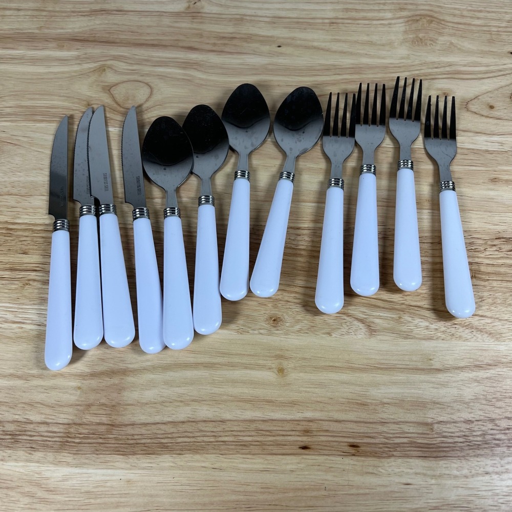 12pc Stainless Steel Flatware Set White Plastic Handles Service for 4 MCM Style